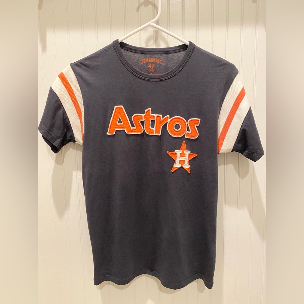 Houston Astros 47 Brand T-shirt Gray /Blue Tee Accent Stripe Sleeves Youth Large